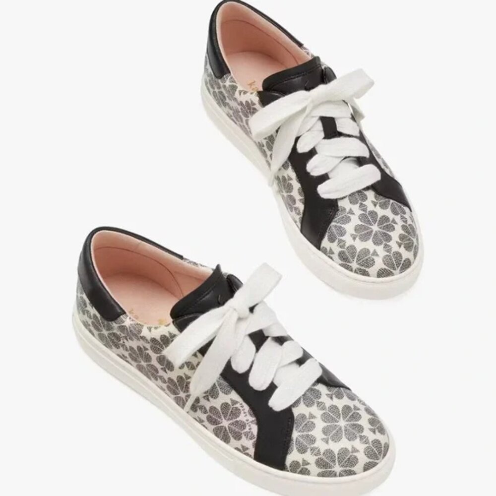 Kate Spade Erin Spade Flower Printed Leather Sneaker in White/Black